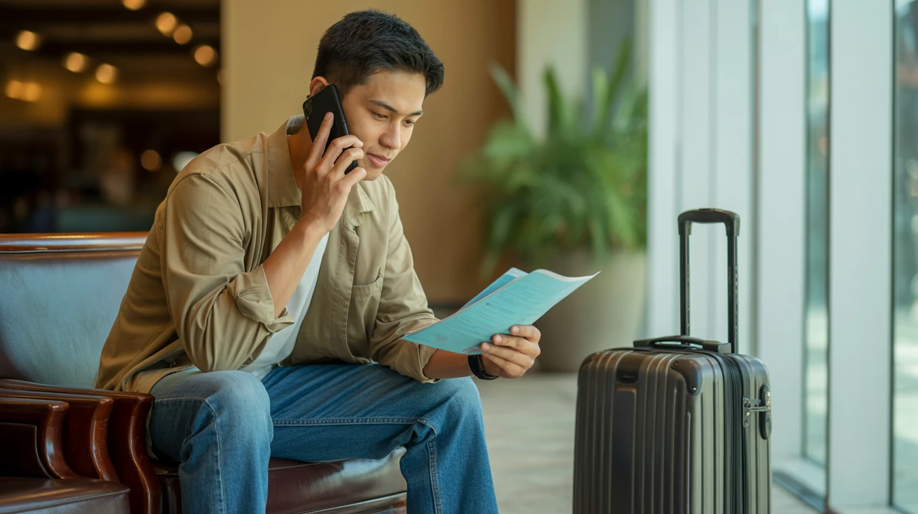 Seseorang sedang duduk di ruang tunggu bandara, berbicara di telepon sambil memegang dokumen perjalanan, dengan koper di sebelahnya. Ia sedang dibantu oleh tim dukungan untuk proses klaim asuransi perjalanan saat berada di luar negeri.