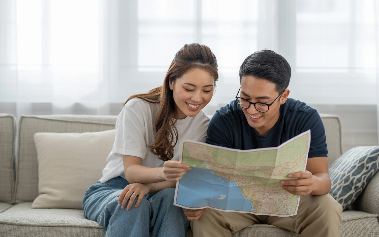 A young Indonesian couple smiles cheerfully while checking a map of a coastal area on a light gray sofa, planning an overseas trip with international travel insurance.